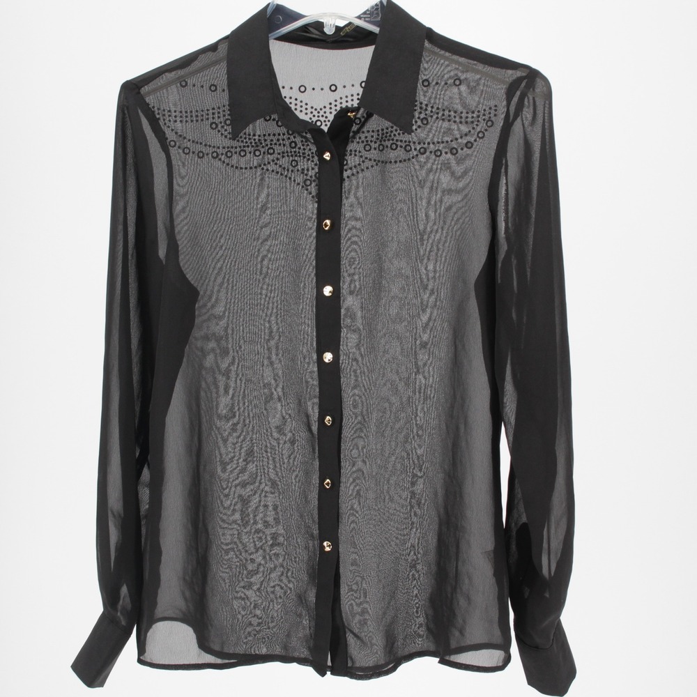 Ali & Kris Women's Black Studded Sheer Button Up Blouse Size Medium